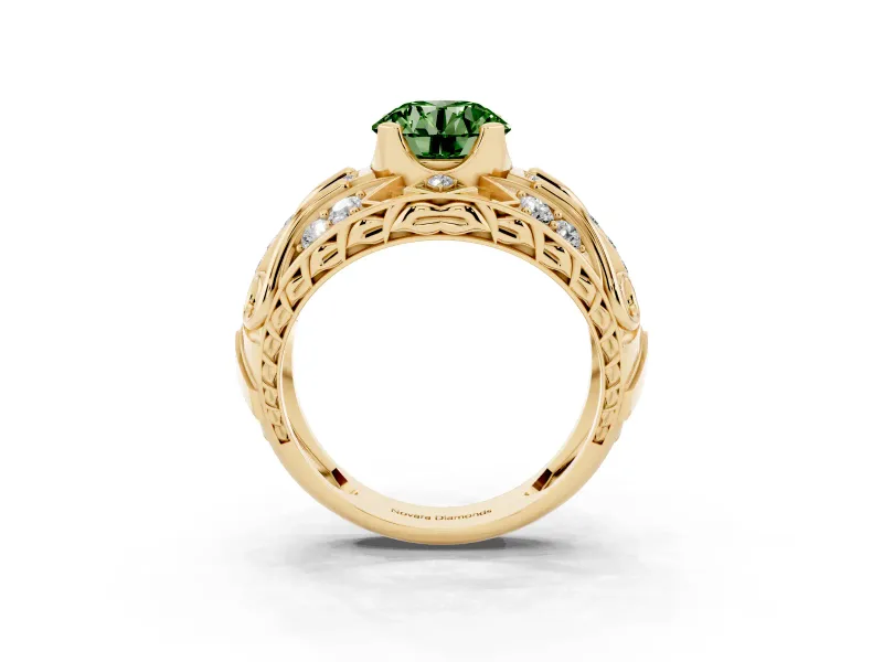 Round Art Deco Graduated Engagement Ring Setting for a Fancy Green Lab-Grown Diamond | Yellow Gold
