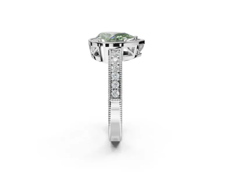 Pear-Shaped Milgrain Halo Engagement Ring Setting for a Fancy Green Lab-Grown Diamond | Wide Pavé Band | White Gold