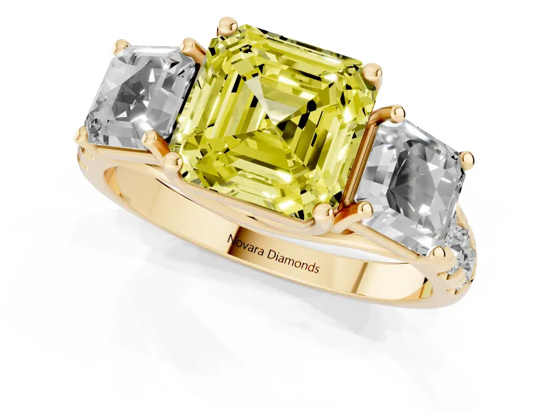 Asscher Cut Three Stone Engagement Ring Setting for a Fancy Yellow Lab-Grown Diamond | Accented Shoulders | Yellow Gold