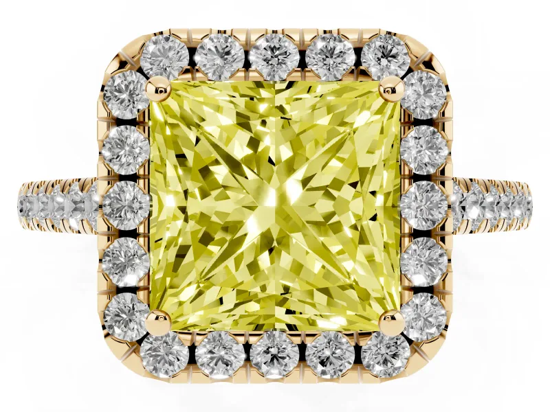 Princess Cut Halo Engagement Ring Setting for a Fancy Yellow Lab-Grown Diamond | Pave Shoulders | Yellow Gold