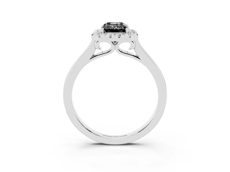 Fancy Black Emerald Cut Halo Round Diamond Solitaire Ring Set in Platinum with Pavé Band and Prong Setting