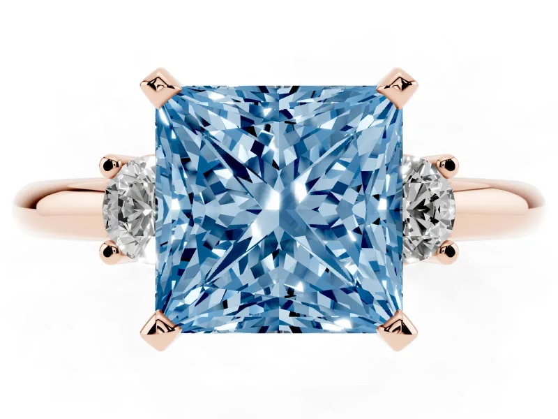 Princess Cut Three Stone Engagement Ring Setting for a Fancy Blue Lab-Grown Diamond | Round Side Stones | Rose Gold