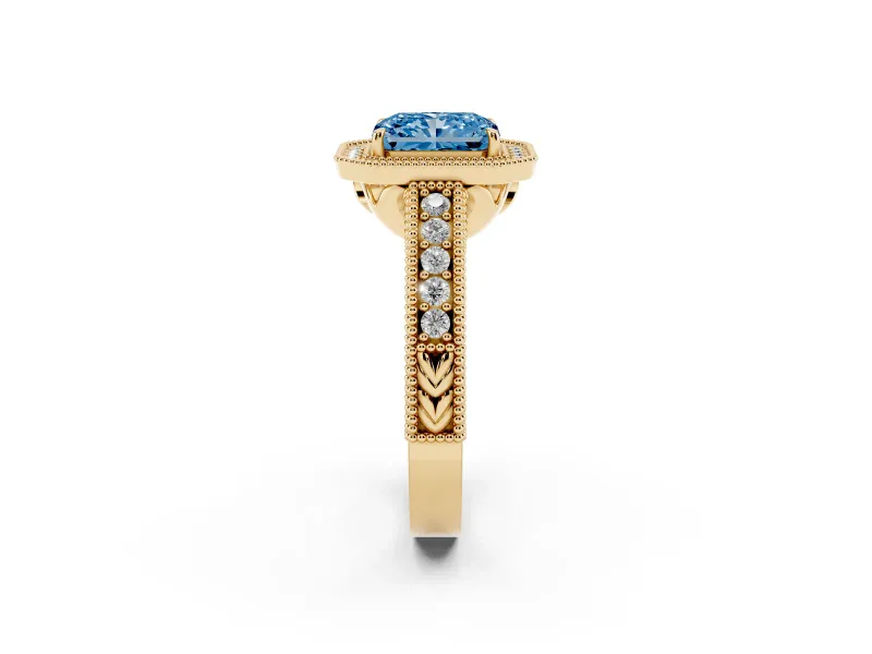 Radiant Cut Milgrain Halo Engagement Ring Setting for a Fancy Blue Lab-Grown Diamond | Carved Leaf Detail | Yellow Gold