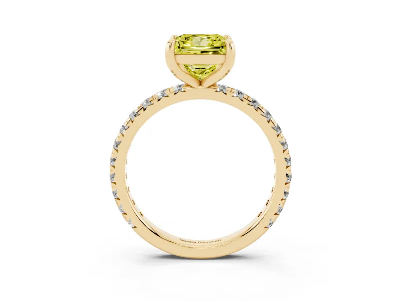 Fancy Yellow Princess Cut Diamond Pavé Solitaire Ring Set in Yellow gold with Round Band and Prong Setting