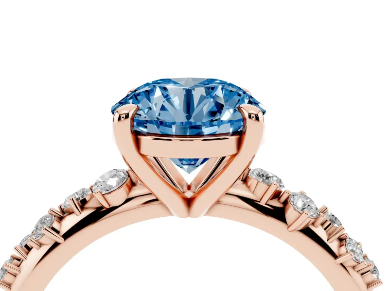 Fancy Blue Round Cut Diamond Solitaire Vine Band Ring Set in Rose gold with Round Accents and Prong Setting