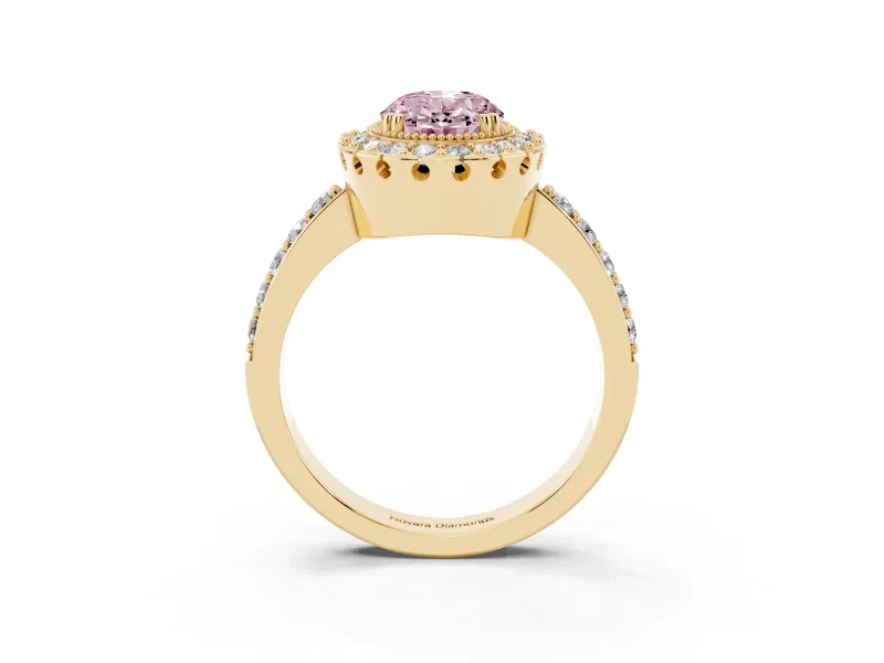 Fancy Pink Oval Cut Diamond Halo Ring Set in Yellow gold with Pavé Shank and Prong Setting