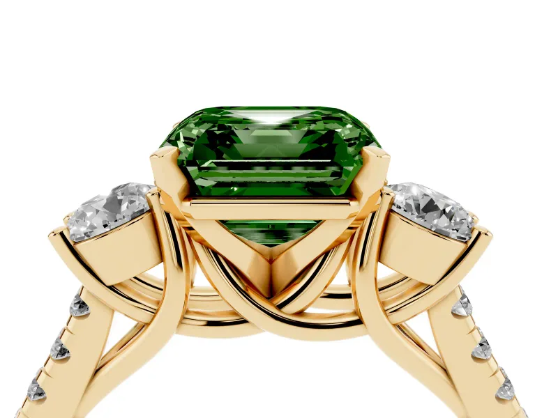 Asscher Cut Three-Stone Engagement Ring Setting for a Fancy Green Lab-Grown Diamond | Yellow Gold