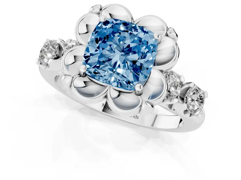 Cushion Cut Floral Engagement Ring Setting for a Fancy Blue Lab-Grown Diamond | Petal Frame and Side Stones | Platinum