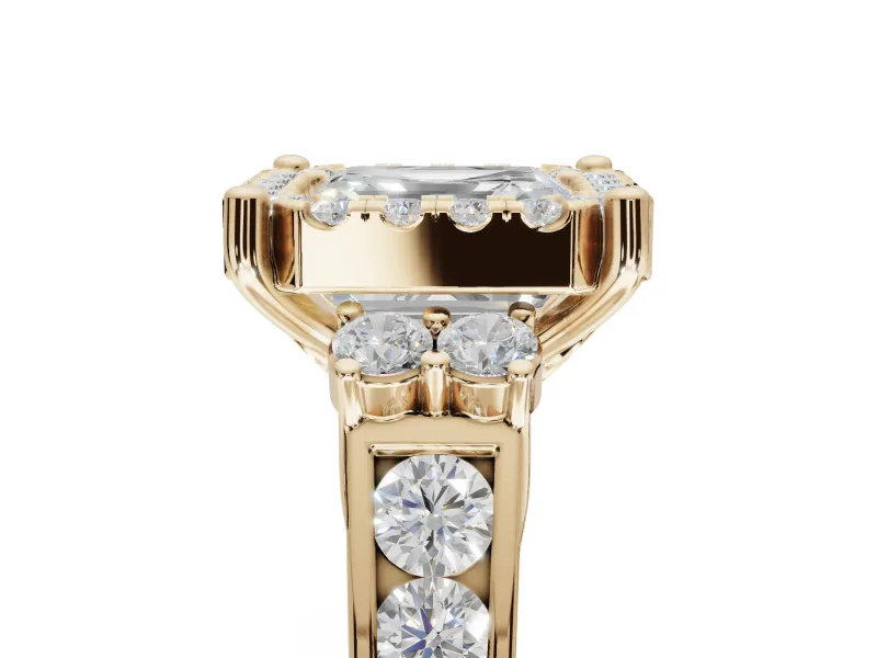 Asscher Cut Halo Side Cluster Engagement Ring Setting | Graduated Channel Band | Yellow Gold
