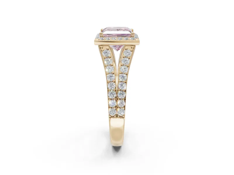Princess Cut Halo Pavé Engagement Ring Setting for a Fancy Pink Lab-Grown Diamond | Narrow Split Shank | Yellow Gold