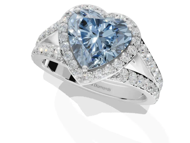 Heart-Shaped Halo Pavé Engagement Ring Setting for a Fancy Blue Lab-Grown Diamond | Narrow Split Shank | Sterling Silver