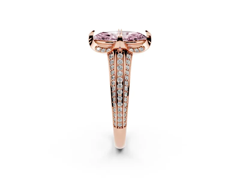 Fancy Pink Marquise Cut Diamond Pavé Split Shank Solitaire Ring Set in Rose gold with Prong Setting