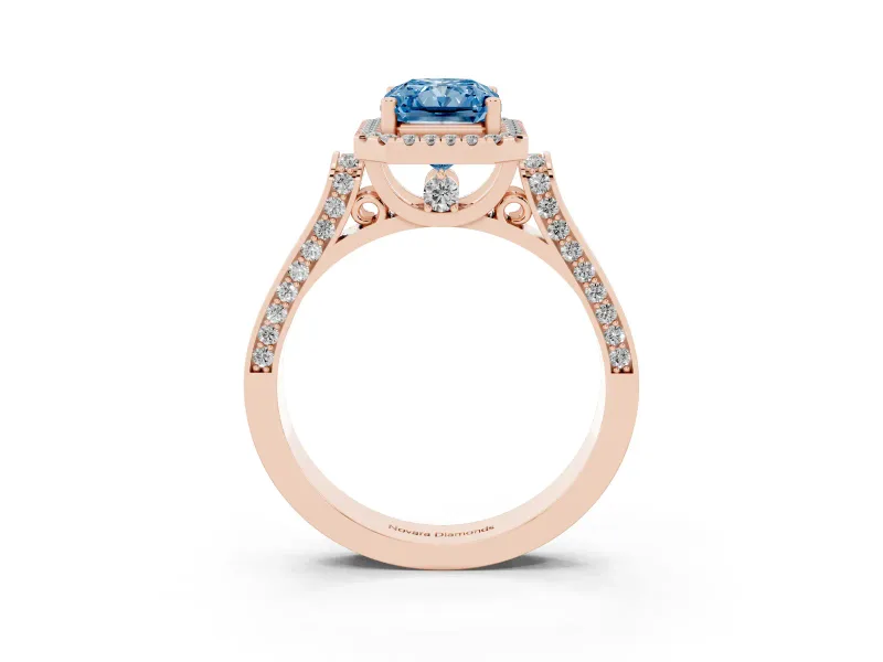 Radiant Cut Halo Engagement Ring Setting for a Fancy Blue Lab-Grown Diamond | Pavé Panel Shoulders | Rose Gold