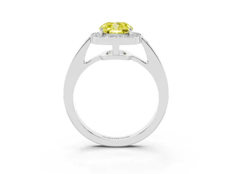 Fancy Yellow Cushion Cut Diamond Halo Pavé Engagement Ring Set in Silver with Bezel Setting