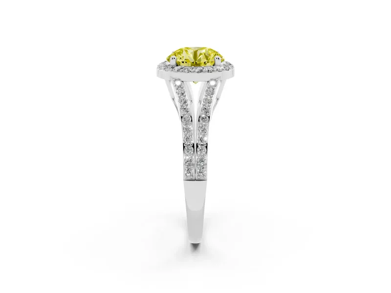 Round Halo Engagement Ring Setting for a Fancy Yellow Lab-Grown Diamond | Pave Split Shank | Platinum