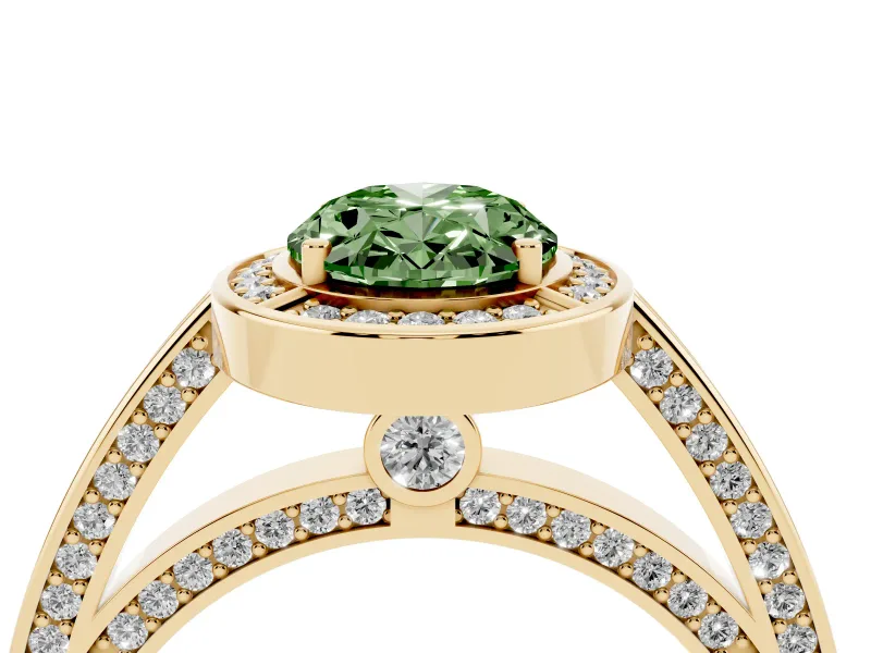 Oval Sectioned Halo Engagement Ring Setting for a Fancy Green Lab-Grown Diamond | Yellow Gold