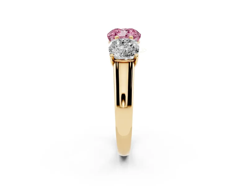 Cushion Cut Three Stone Engagement Ring Setting for a Fancy Pink Lab-Grown Diamond | Basket Prong Heads | Yellow Gold