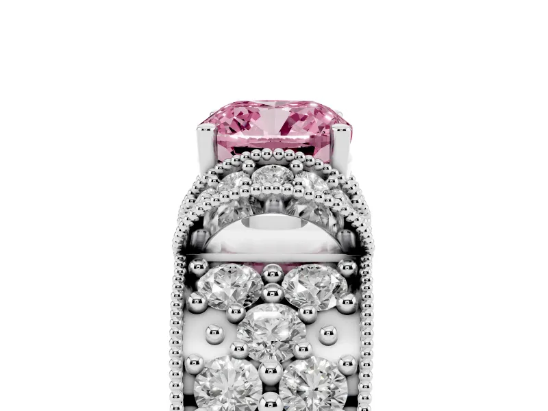 Fancy Pink Cushion Cut Diamond Milgrain Halo Pavé Engagement Ring Set in Platinum with Prong Setting