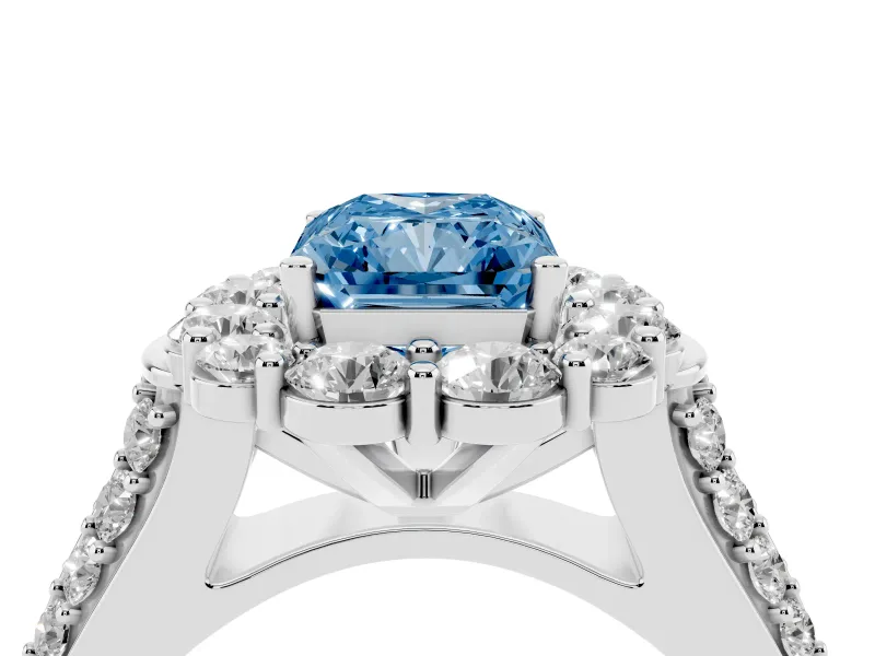 Radiant Cut Large Accent Halo Engagement Ring Setting for a Fancy Blue Lab-Grown Diamond | Platinum