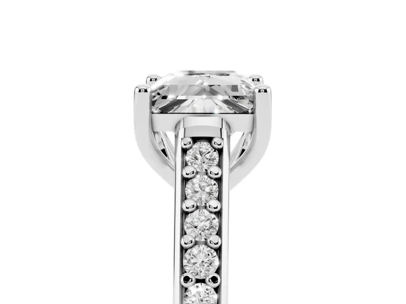 Princess Cut Graduated Pave Cathedral Engagement Ring Setting | Scroll Cut-Outs | White Gold
