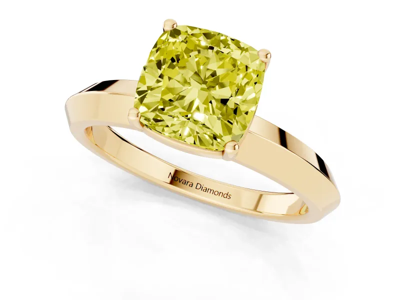Fancy Yellow Cushion Cut Diamond Solitaire Engagement Ring Set in Yellow gold with Flat Band and Prong Setting