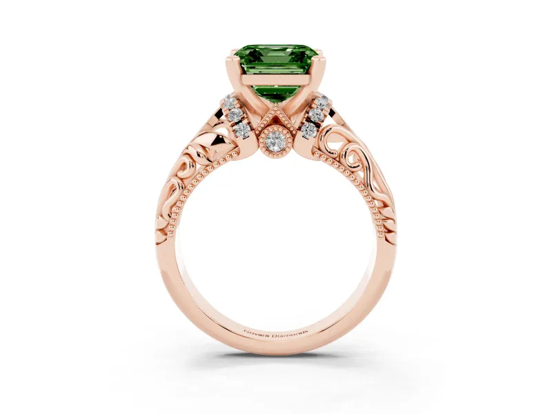 Fancy Green Asscher Cut Diamond Filigree Halo Engagement Ring Set in Rose gold with Prong Setting