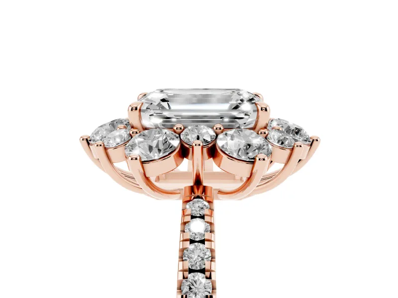 Emerald Cut Diamond Floral Halo Ring Set in Rose gold with Round Pavé Band and Prong Setting