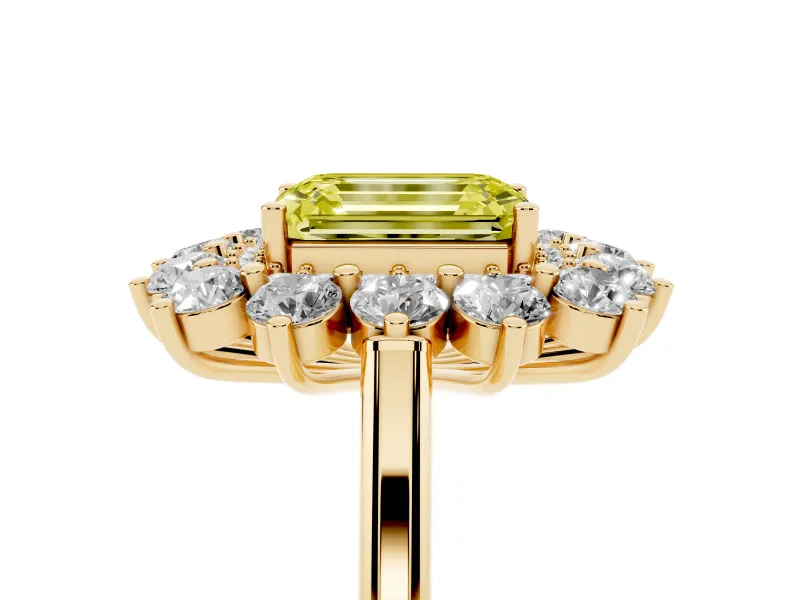 Emerald Cut Floral Double Halo Engagement Ring Setting for a Fancy Yellow Lab-Grown Diamond | Plain Band | Yellow Gold