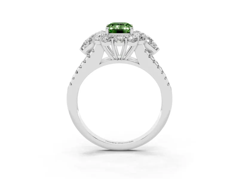Fancy Green Emerald Cut Diamond Halo Split Shank Engagement Ring Set in White gold with Prong-Held Center Stone