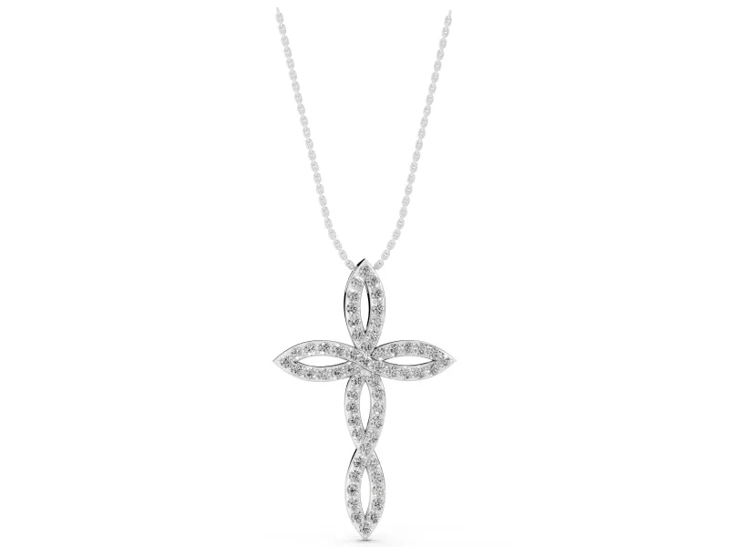 Round Lab-Grown Diamond Pavé Cross Pendant Necklace | Open Marquise Arms | White Gold
