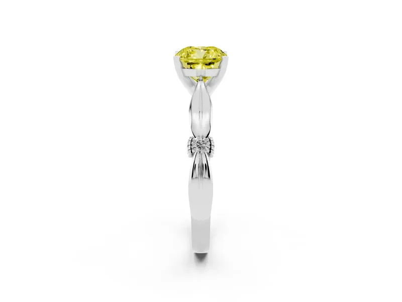 Fancy Yellow Cushion Cut Diamond Solitaire Twisted Band Ring Set in White gold with Accent Stones and Prong Setting