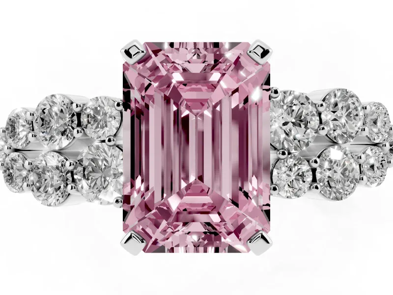 Fancy Pink Emerald Cut Diamond Cluster Engagement Ring Set in Silver with Pavé Band and Prong Setting