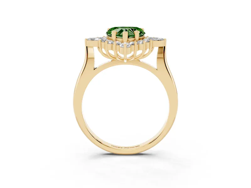 Fancy Green Heart Cut Diamond Cluster Halo Ring Set in Yellow gold with Marquise and Round Accents