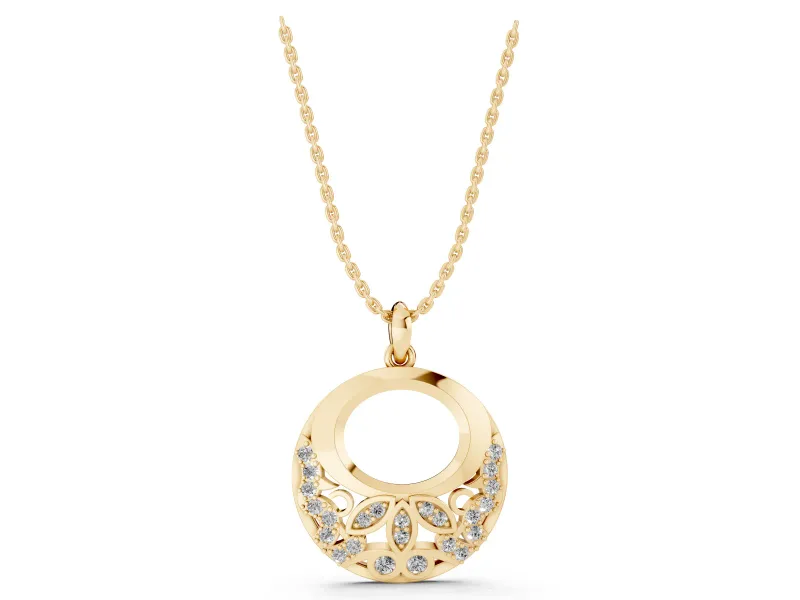 Round Lab-Grown Diamond Pavé Leaf Filigree Disc Pendant Necklace | Open Oval Window | Yellow Gold