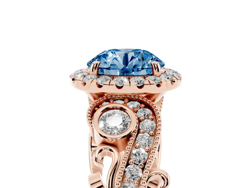 Fancy Blue Round Cut Diamond Halo Ring Set in Rose gold with Milgrain Pavé Band and Prong Setting