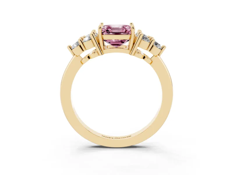 Asscher Cut Cluster Side Stone Engagement Ring Setting for a Fancy Pink Lab-Grown Diamond | Plain Band | Yellow Gold