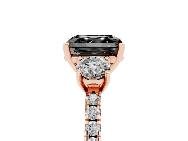 Asscher Cut Three Stone Engagement Ring Setting for a Black Center | Pavé Shoulders | Rose Gold