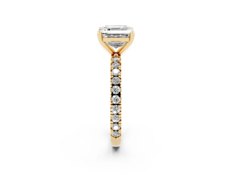 Asscher Cut Diamond Pavé Band Solitaire Set in Yellow gold with Prong Setting