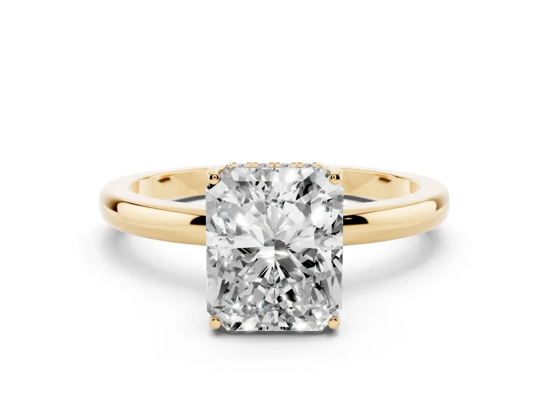 Radiant Cut Diamond Solitaire Ring Set in Yellow gold with Plain Band and Prong Setting