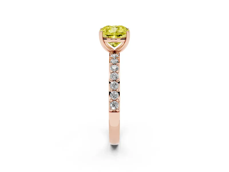 Fancy Yellow Cushion Cut Diamond Solitaire Set in Rose gold with Round Pavé Band and Prong Setting