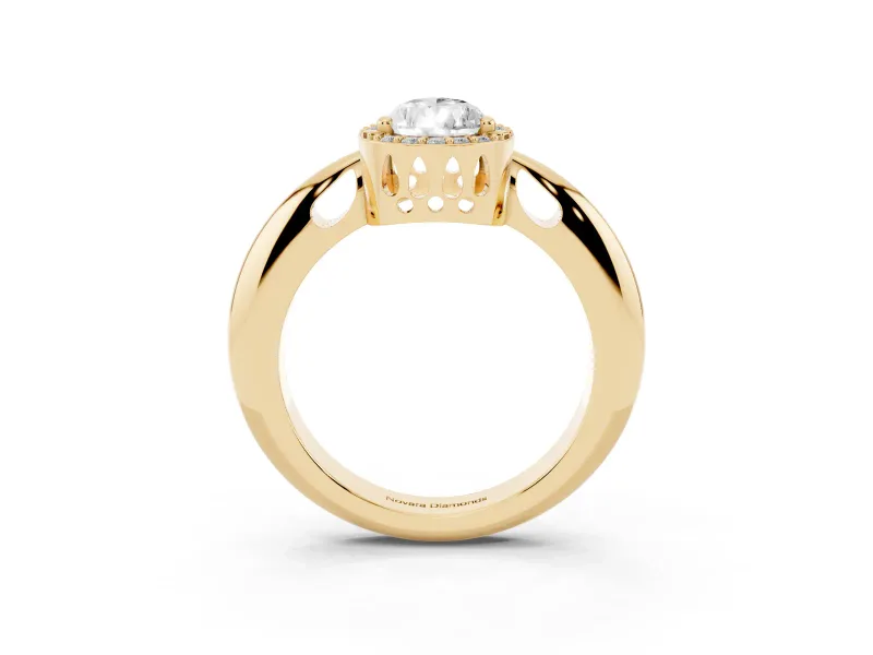 Pear Cut Diamond Halo Engagement Ring Set in Yellow gold with Plain Split Shank and Prong Setting