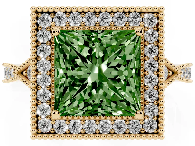 Princess Cut Milgrain Halo Engagement Ring Setting for a Fancy Green Lab-Grown Diamond | Graduated Pavé | Yellow Gold