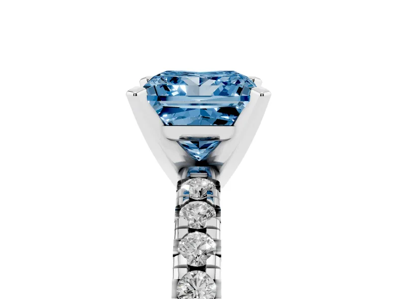 Fancy Blue Princess Cut Diamond Solitaire Pavé Engagement Ring Set in Silver with Round Band and Prong Setting