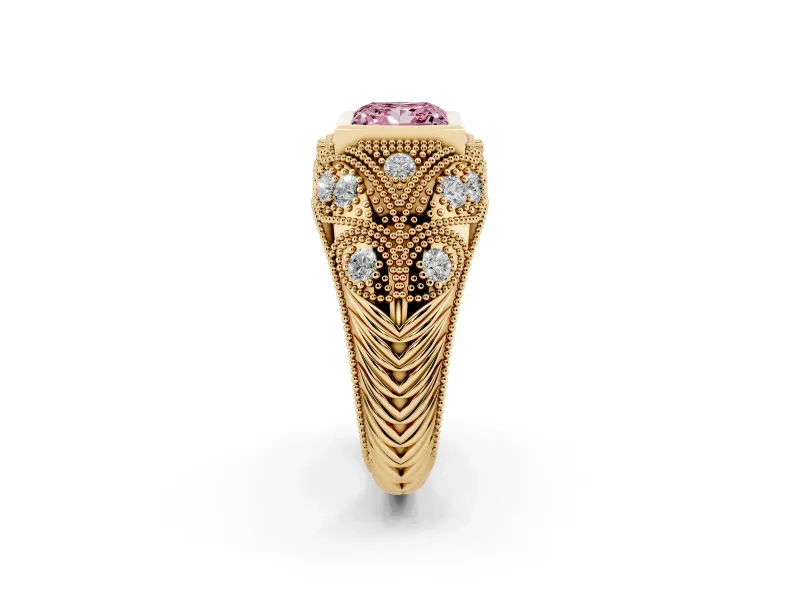 Fancy Pink Princess Cut Diamond Bezel Ring Set in Yellow gold with Milgrain Accent Band