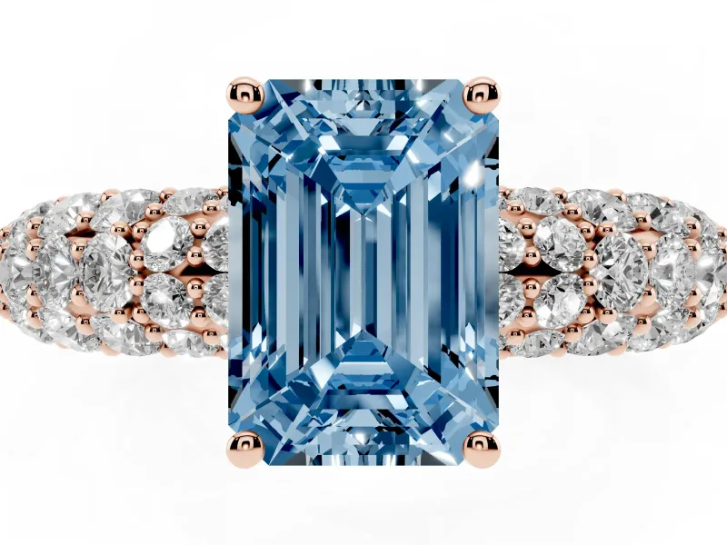 Emerald Cut Multi Row Pave Engagement Ring Setting for a Fancy Blue Lab-Grown Diamond | Rose Gold