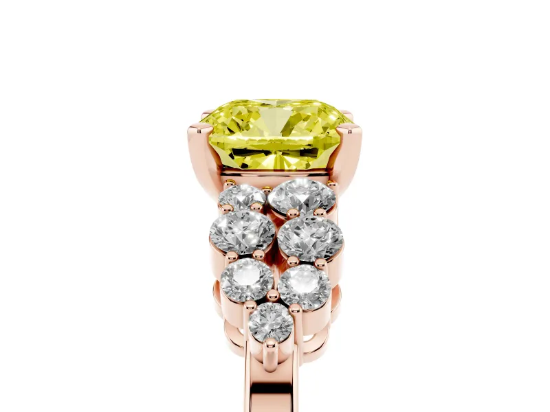 Cushion Cut Side Stone Engagement Ring Setting for a Fancy Yellow Lab-Grown Diamond | Shoulder Clusters | Rose Gold