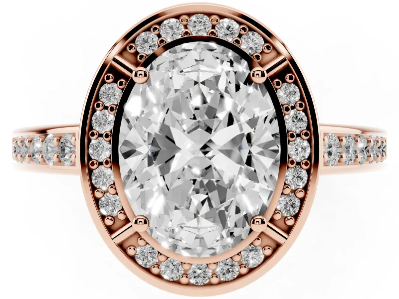 Oval Cut Diamond Halo Pavé Split Shank Ring Set in Rose gold with Prong Setting