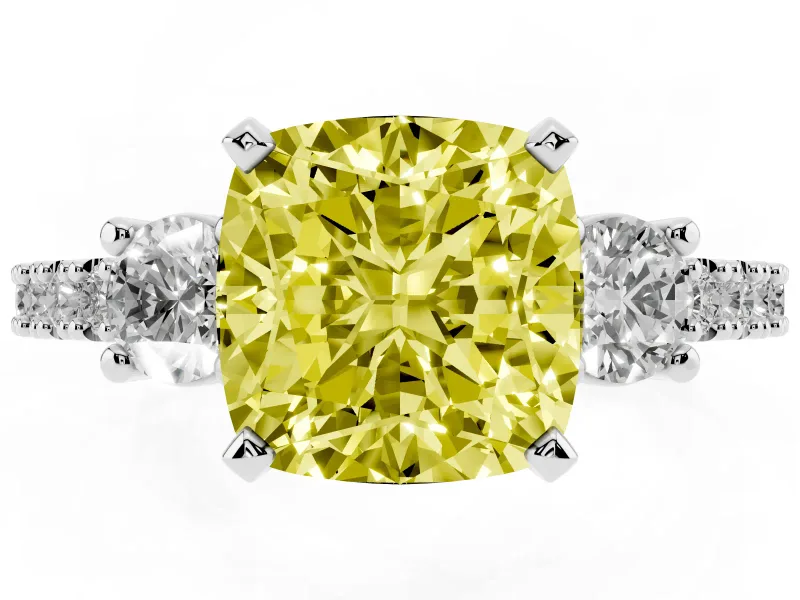 Fancy Yellow Three-Stone Cushion Cut Diamond Pavé Band Ring Set in Platinum with Prong Setting
