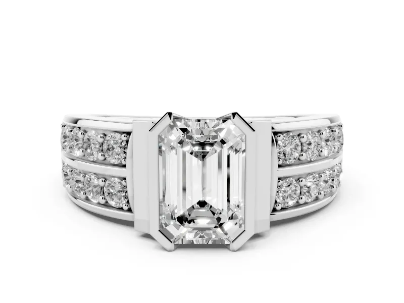 Emerald Cut Diamond Wide Channel Set Band Ring Set in Platinum with Bezel Setting