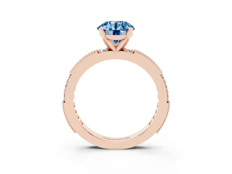Round Vintage Pavé Engagement Ring Setting for a Fancy Blue Lab-Grown Diamond | Rose Gold